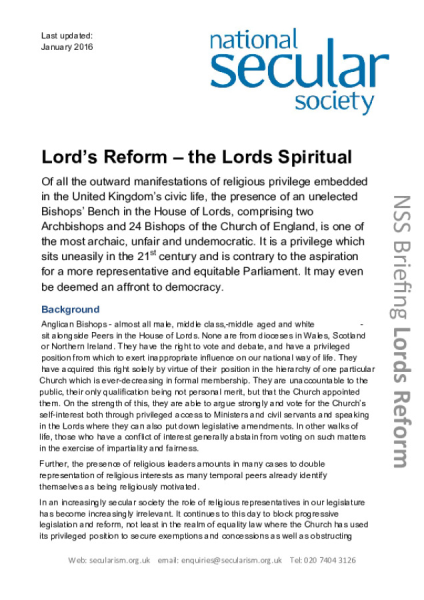 Religious Representation in the House of Lords Briefing