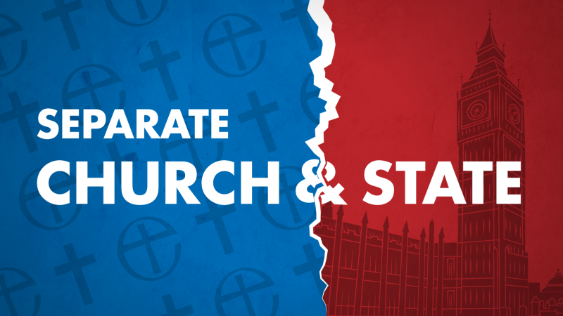 Separate church and state campaign link - symbols of established church and parliament separated in image.
