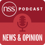 NSS podcast news and opinion red graphic with microphone