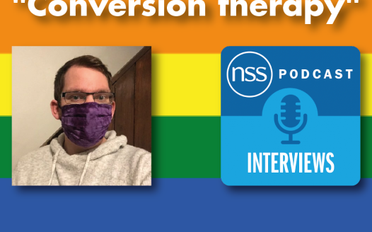 Title of episode on LGBT flag with podcast logo and Nick Twitter image