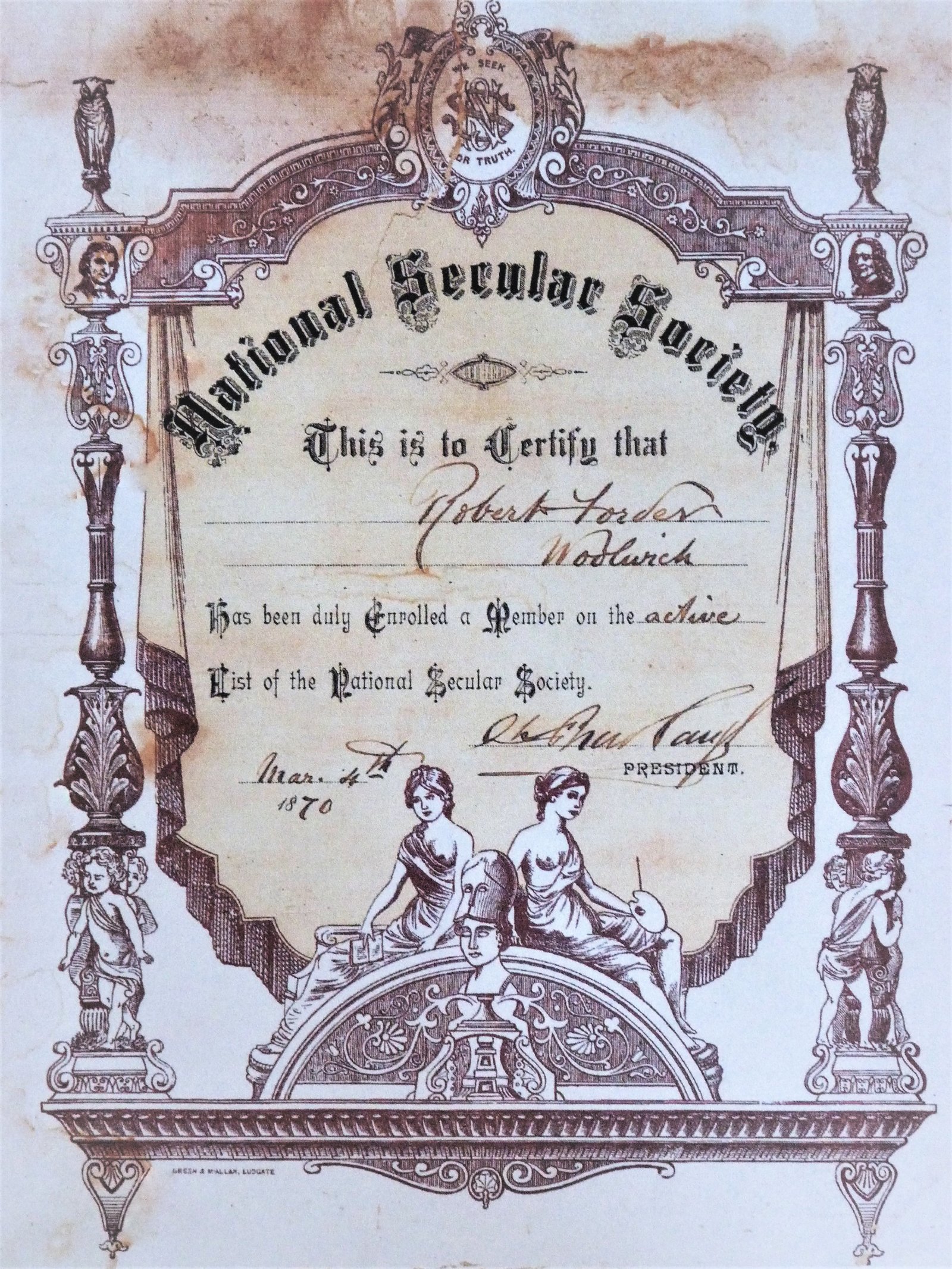 An early NSS membership certificate of the man who was to become the Society's first full-time paid secretary. Note the legend 