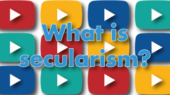 Image: What is secularism title over multi colour play icons - opens video in window