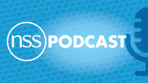 Image: NSS podcast blue graphic with microphone and speech bubbles